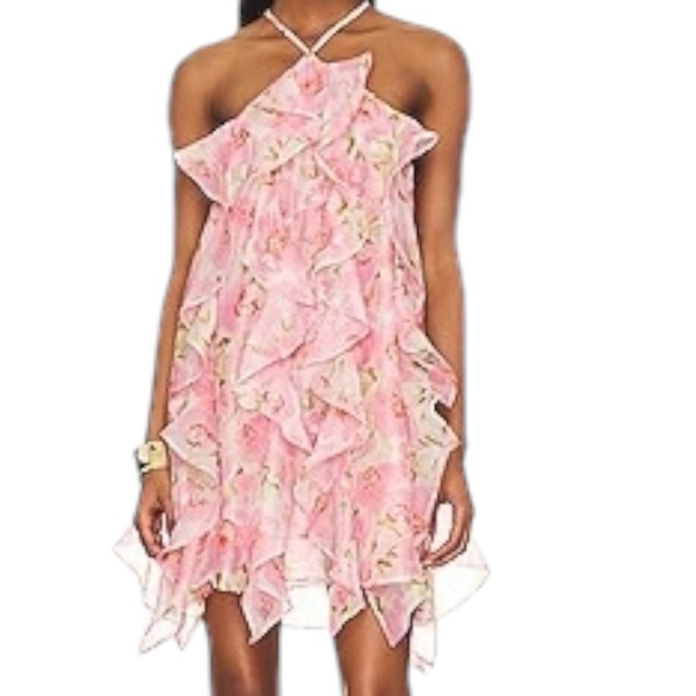 Misa Los Angeles Pink Floral Ruffled Halter Mini Dress